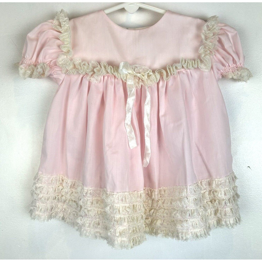 Vintage Bryan Baby Dress Girls 12 Months Pink White Lace Ruffle